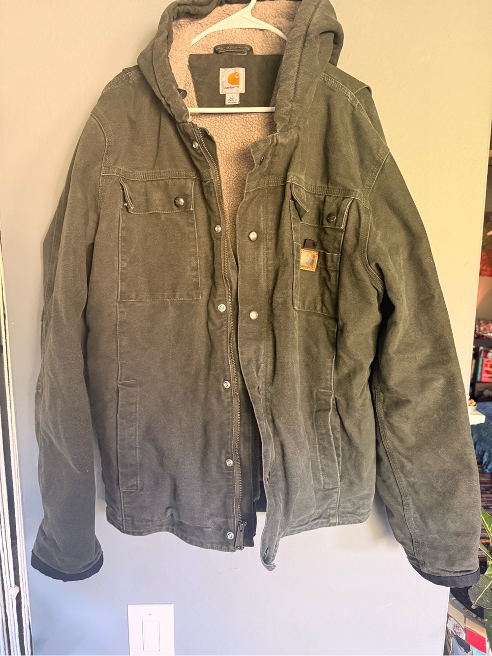 Carhartt Men’s SANDSTONE HOODED MULTI-POCKET JACKET sherpa lined size large tall
